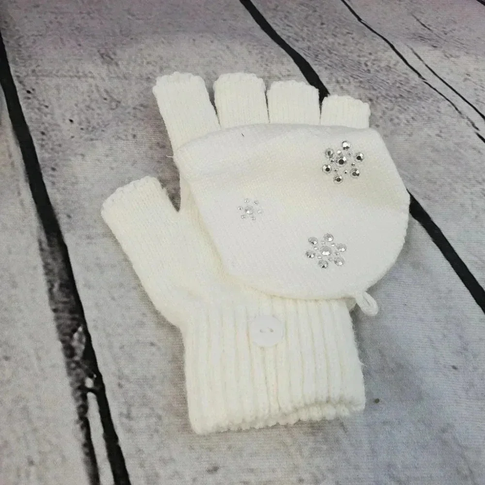 Girls White/Cream Sparkly Snowflake Knit Hat Beanie with Fingerless Glove set